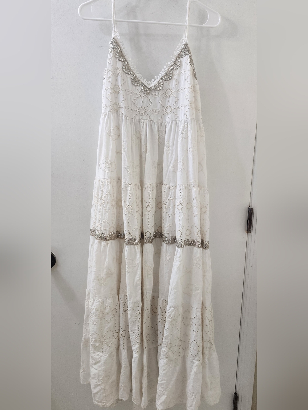 Ranees White Embroidered Dress with Metallic Trim, Size Small.